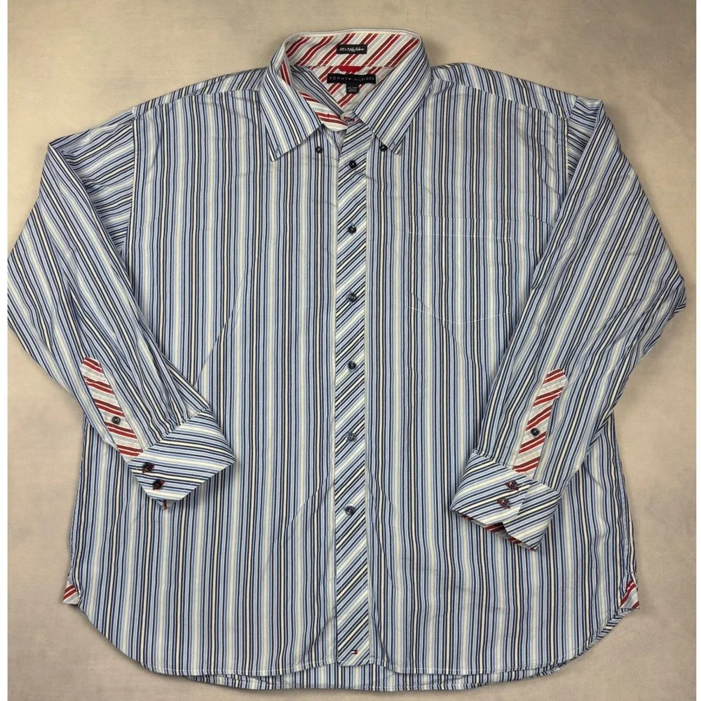 Tommy Hilfiger Mens XXL Blue White Striped 80s 2-Ply Cotton Button Down Shirt